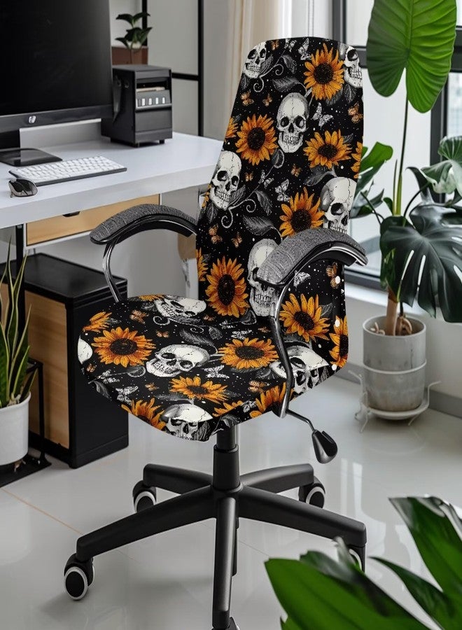 Wanzuoeng Skull Print Office Computer Chair Seat Covers, Sunflower Butterfly Print Boss Rotating Office Chair Cover, Skin Friendly & Breathable, S Size - Image 2